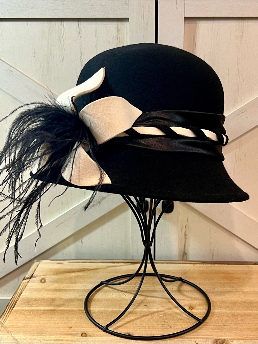 Vintage Fine Millinery Black Church Hat by August Accessories 100% Wool Feather
